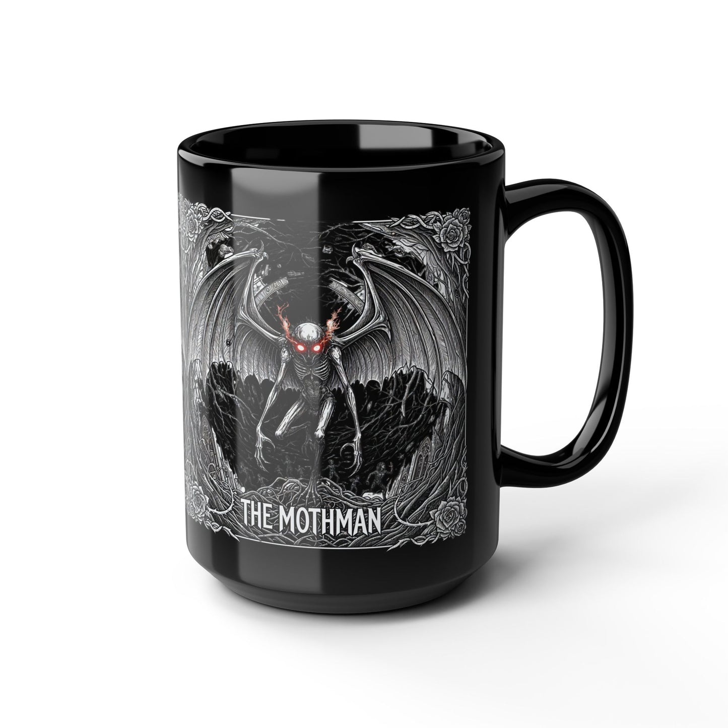 Black Mothman Mug, Gothic Coffee Cup, Spooky Drinkware, Paranormal Gift, Collector's Item