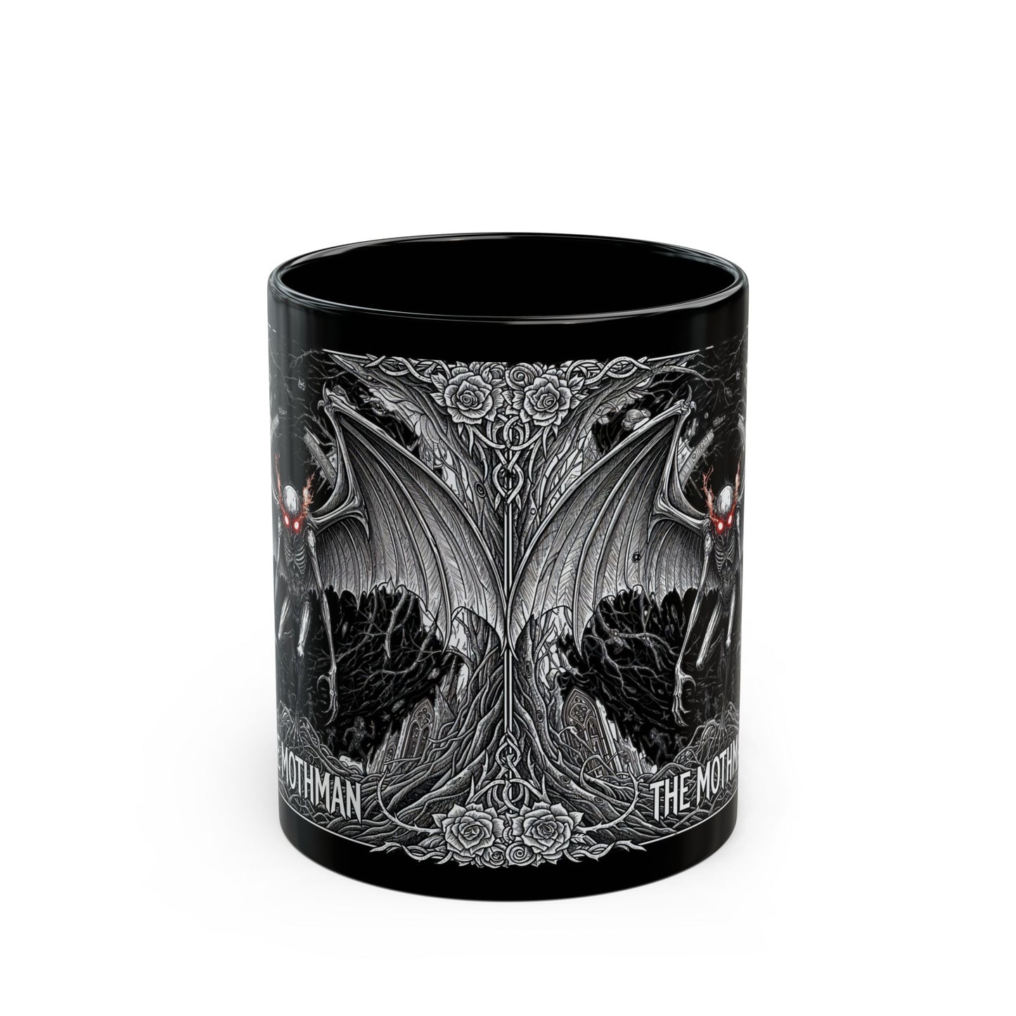 Black Mothman Mug, Gothic Coffee Cup, Spooky Drinkware, Paranormal Gift, Collector's Item