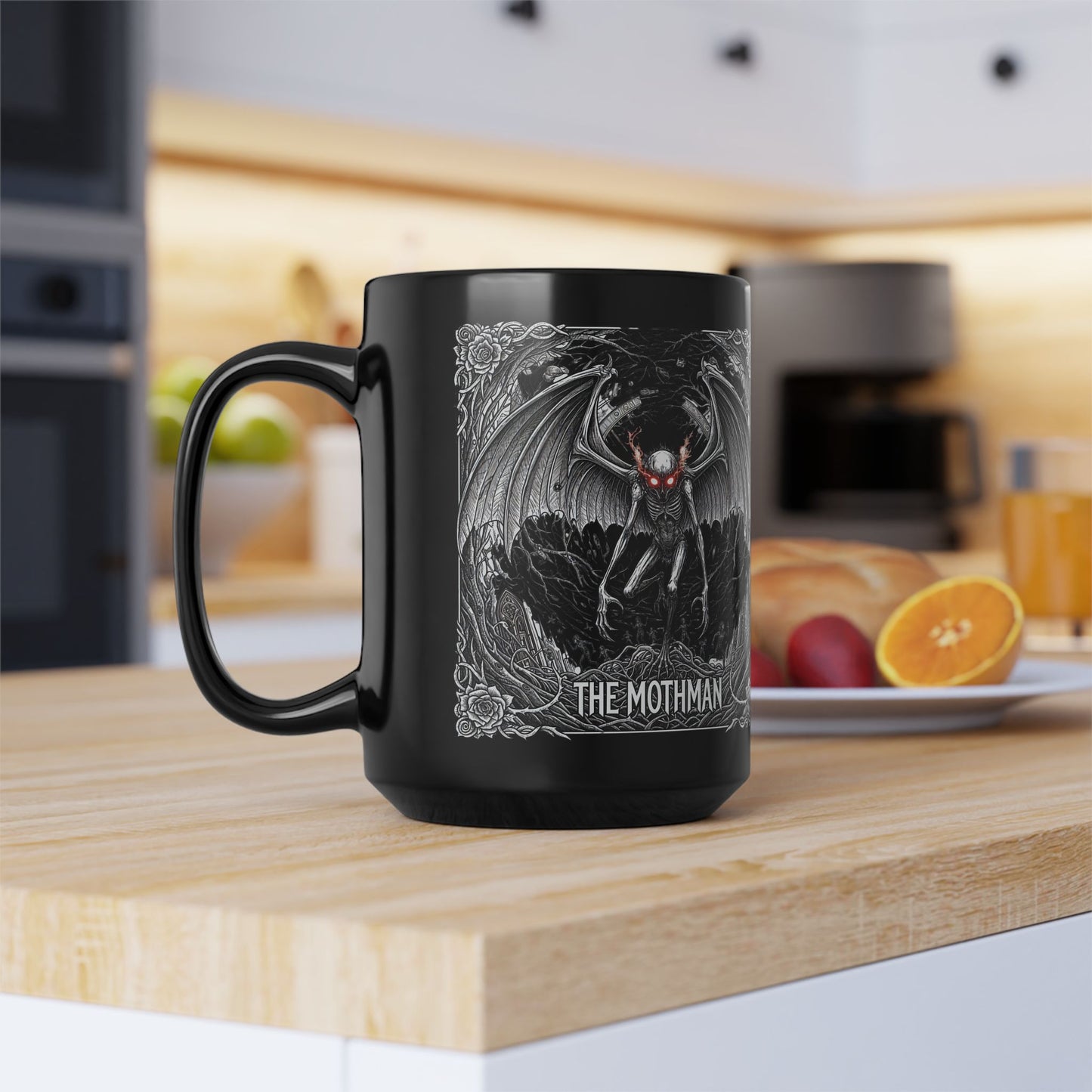 Black Mothman Mug, Gothic Coffee Cup, Spooky Drinkware, Paranormal Gift, Collector's Item