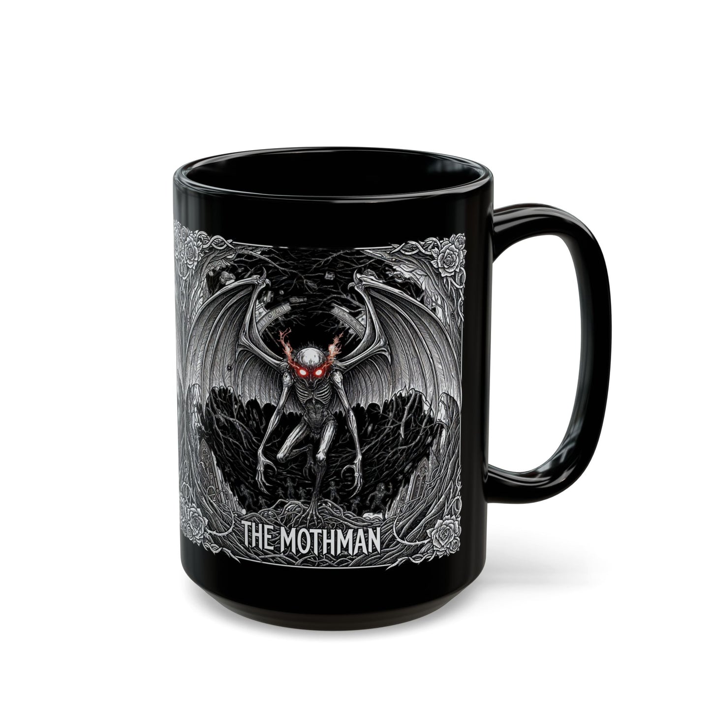 Black Mothman Mug, Gothic Coffee Cup, Spooky Drinkware, Paranormal Gift, Collector's Item