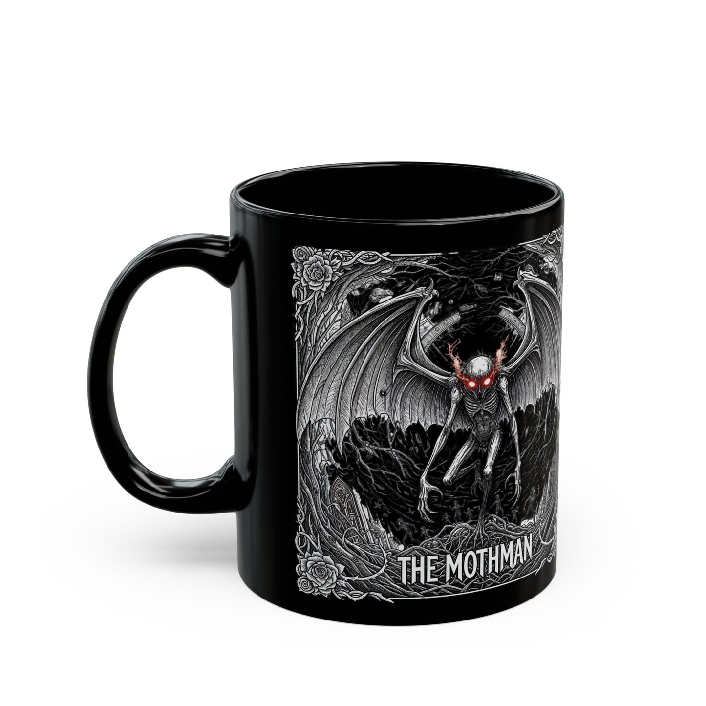 Black Mothman Mug, Gothic Coffee Cup, Spooky Drinkware, Paranormal Gift, Collector's Item