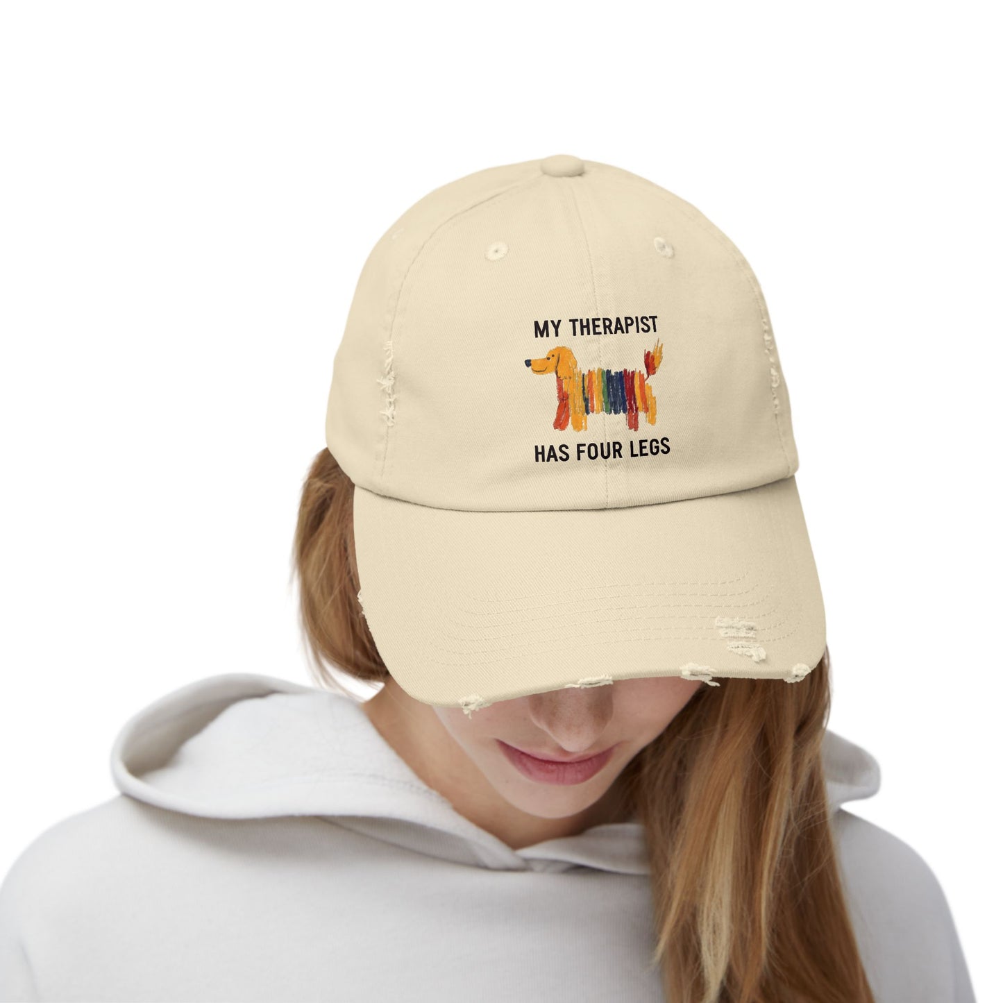 Unisex Distressed Cap: My Therapist Has Four Legs Hat