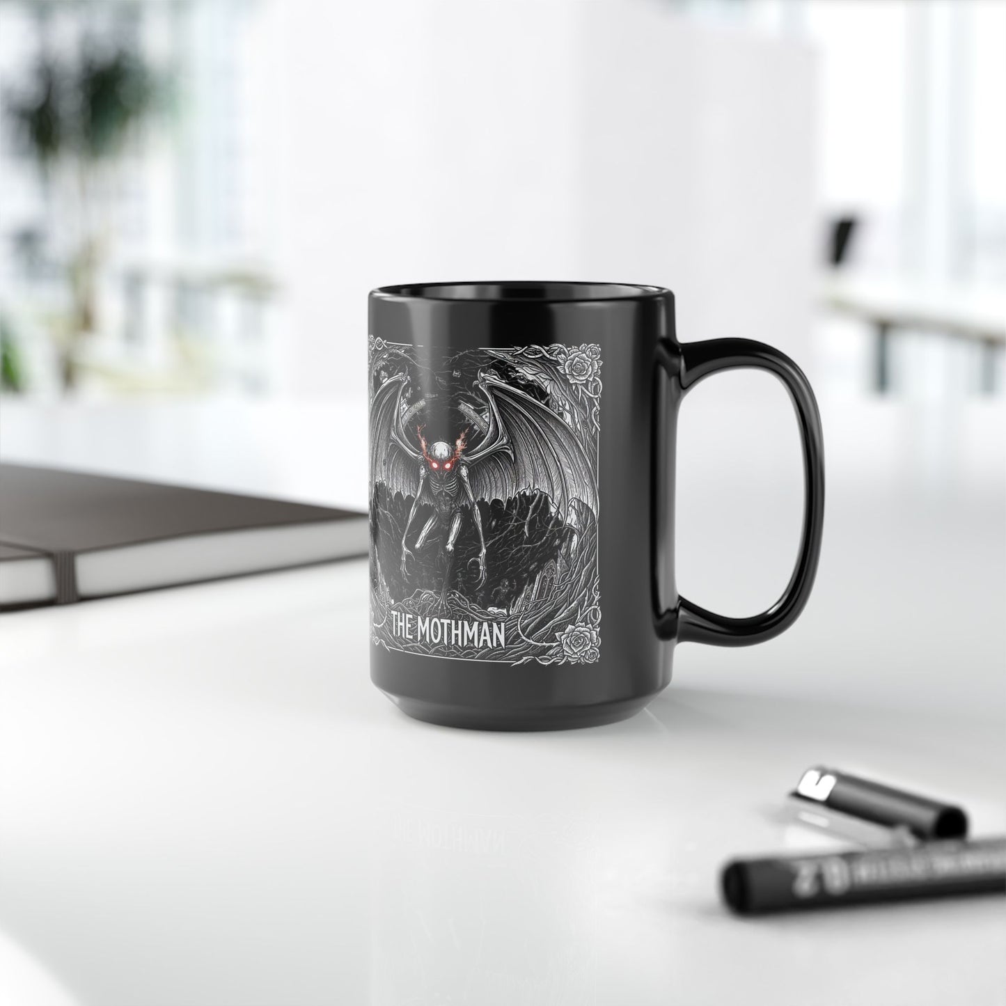 Black Mothman Mug, Gothic Coffee Cup, Spooky Drinkware, Paranormal Gift, Collector's Item