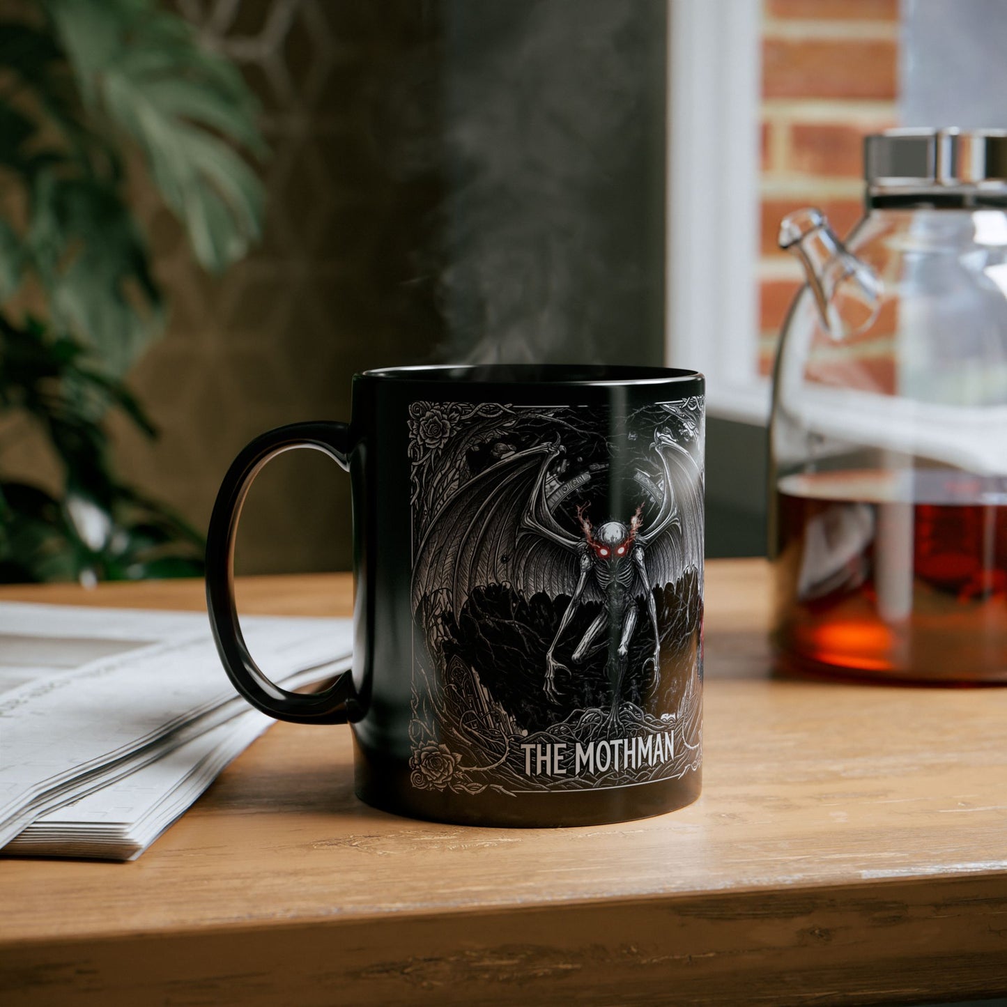 Black Mothman Mug, Gothic Coffee Cup, Spooky Drinkware, Paranormal Gift, Collector's Item