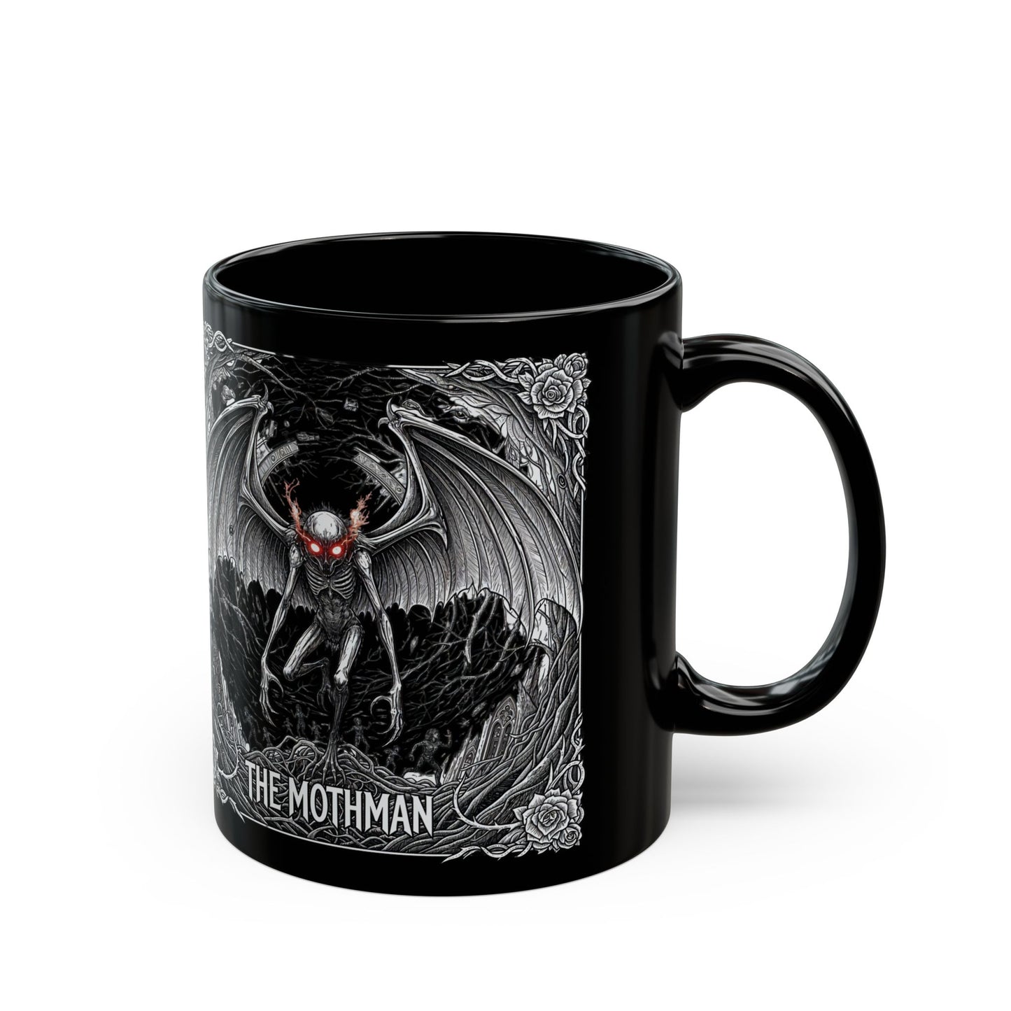 Black Mothman Mug, Gothic Coffee Cup, Spooky Drinkware, Paranormal Gift, Collector's Item