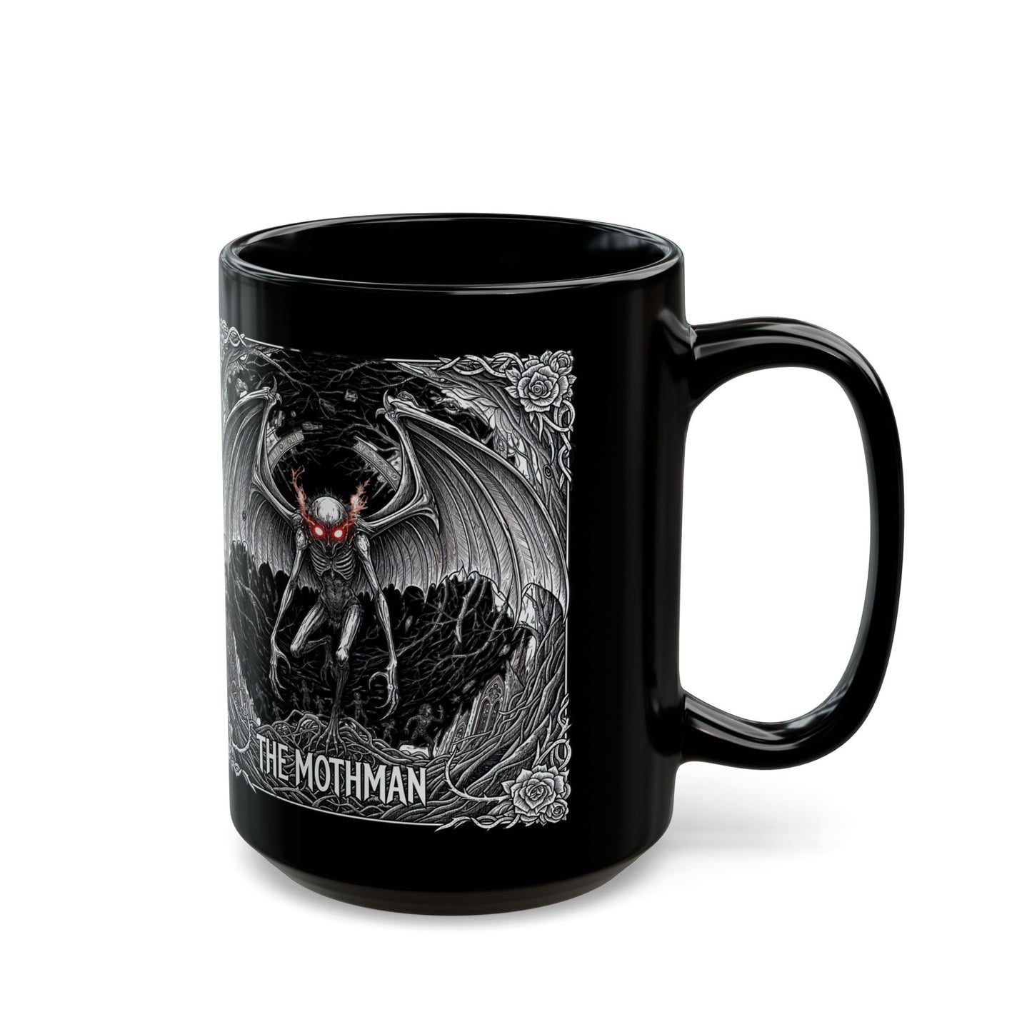 Black Mothman Mug, Gothic Coffee Cup, Spooky Drinkware, Paranormal Gift, Collector's Item