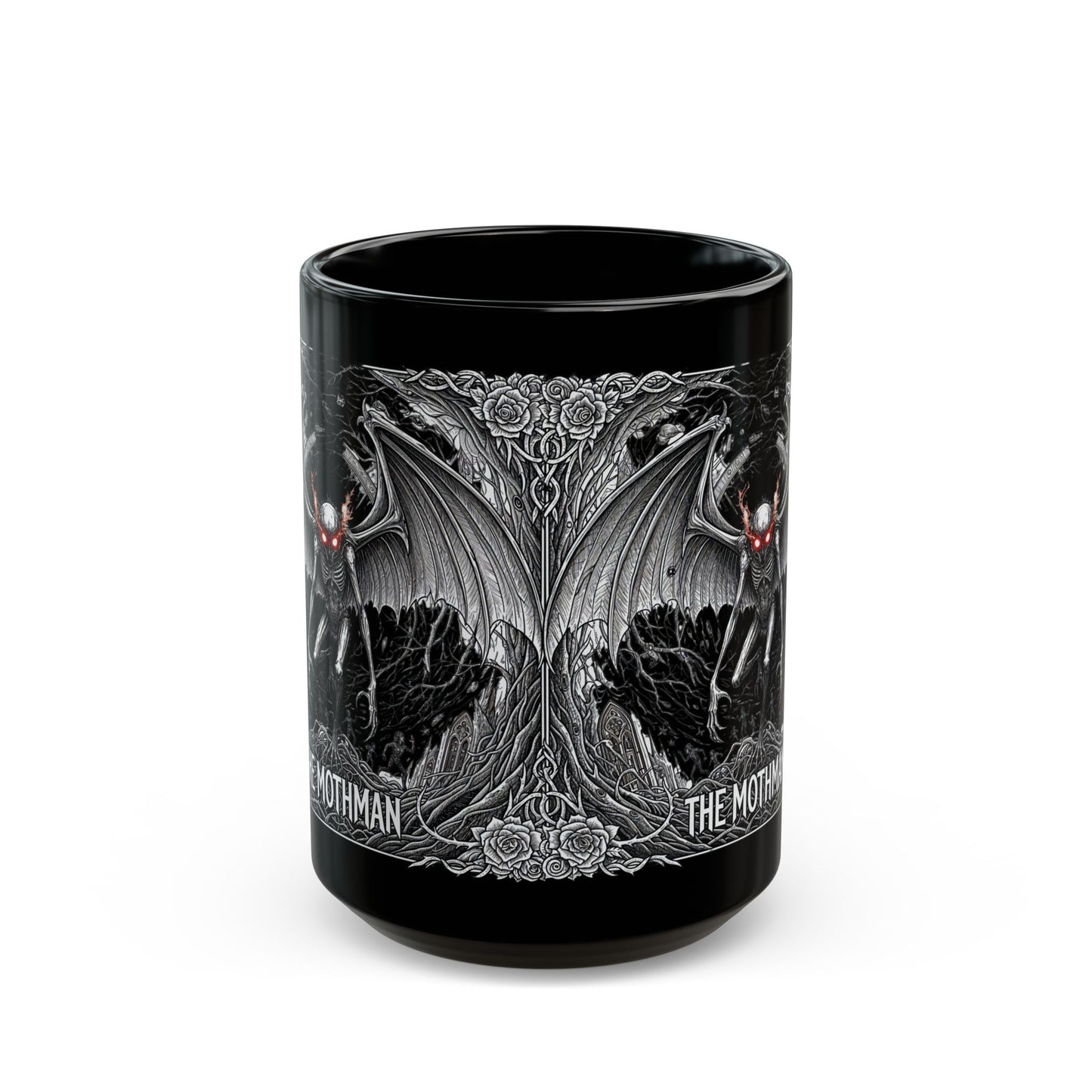 Black Mothman Mug, Gothic Coffee Cup, Spooky Drinkware, Paranormal Gift, Collector's Item