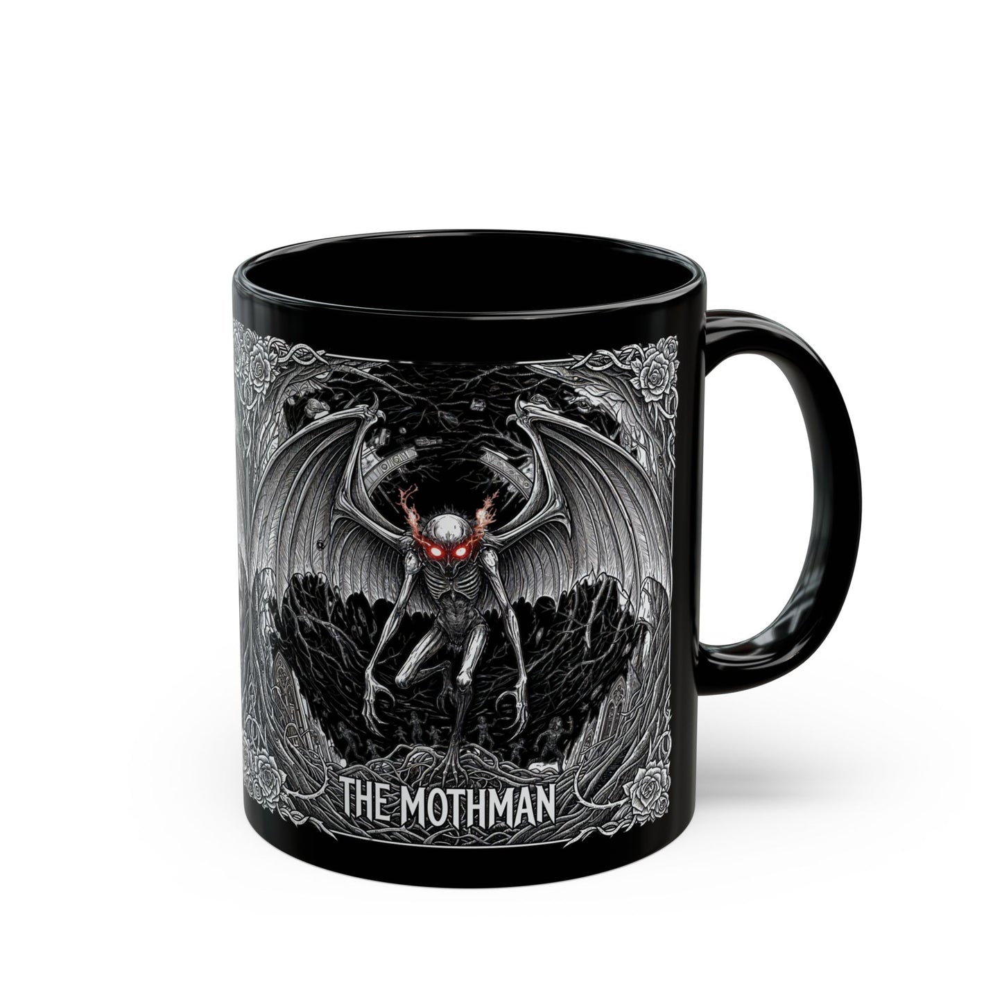 Black Mothman Mug, Gothic Coffee Cup, Spooky Drinkware, Paranormal Gift, Collector's Item
