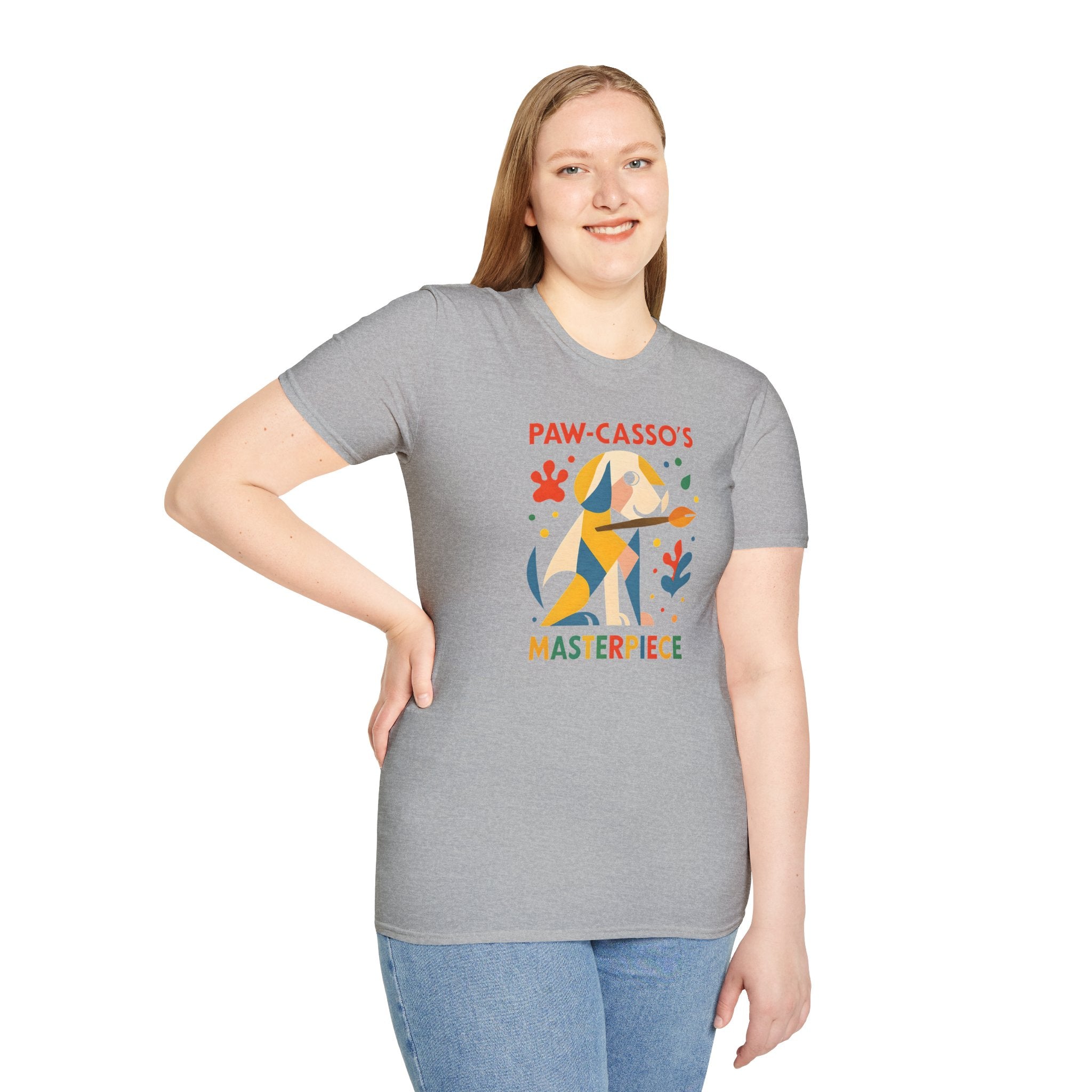 Whimsical Dog Art Unisex Softstyle T-Shirt, Pet Lover's Gift, Casual Wear, Art Enthusiast Apparel, Dog-themed Tee, Unique Birthday Gift