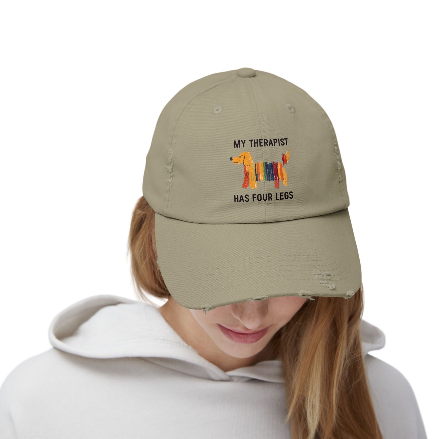 Unisex Distressed Cap: My Therapist Has Four Legs Hat