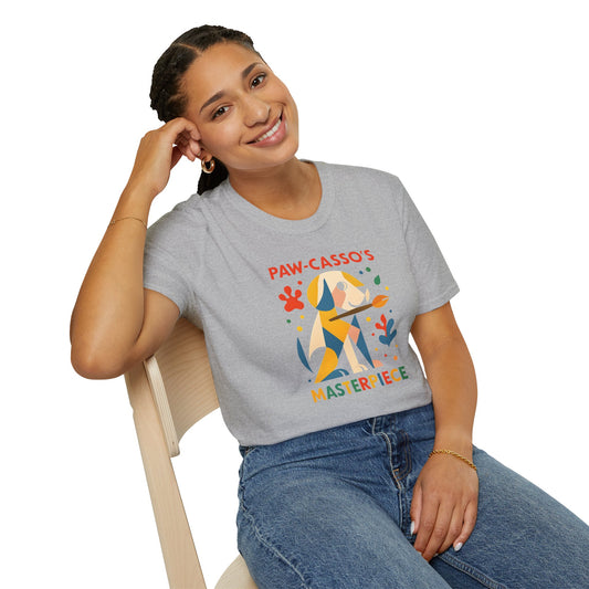 Whimsical Dog Art Unisex Softstyle T-Shirt, Pet Lover's Gift, Casual Wear, Art Enthusiast Apparel, Dog-themed Tee, Unique Birthday Gift