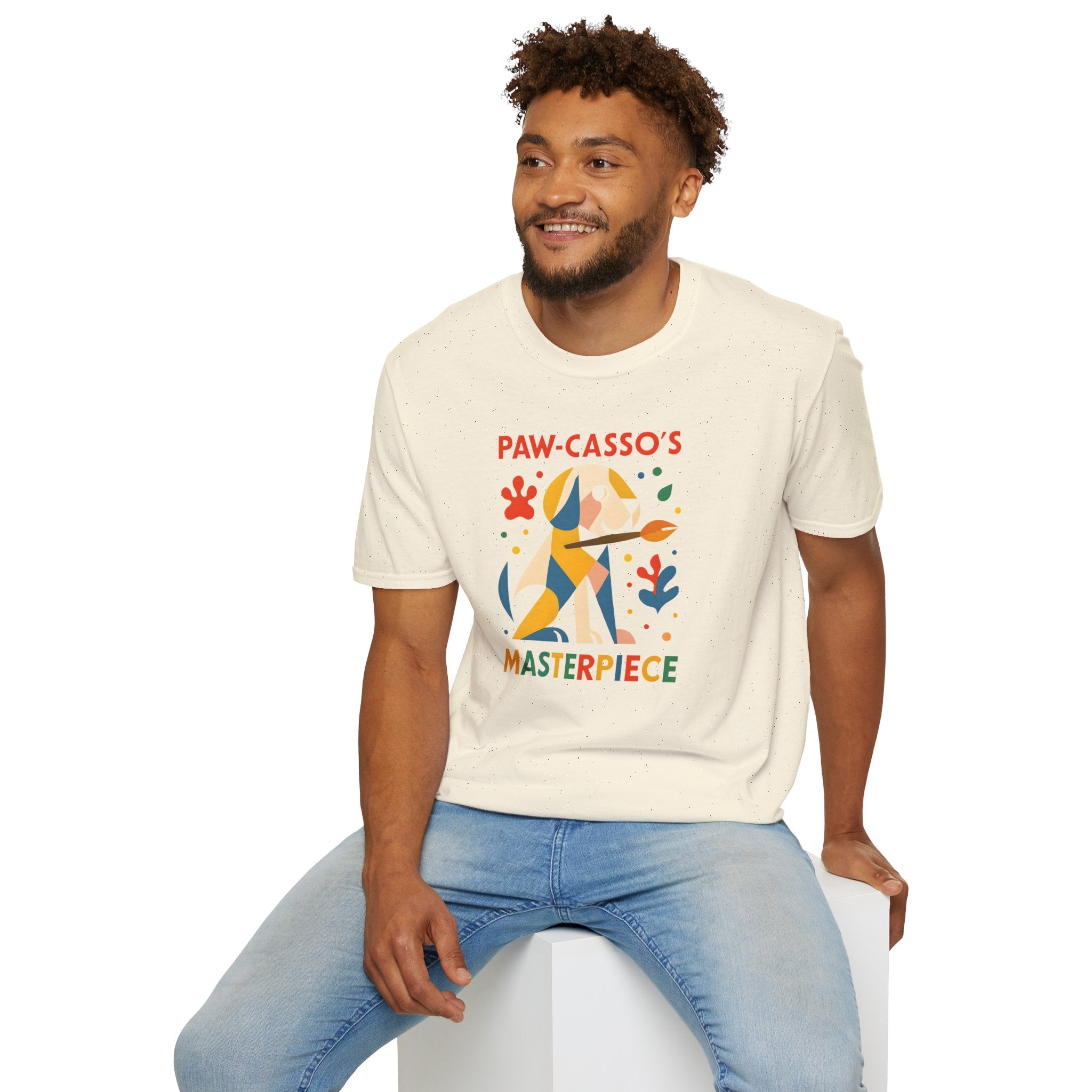 Whimsical Dog Art Unisex Softstyle T-Shirt, Pet Lover's Gift, Casual Wear, Art Enthusiast Apparel, Dog-themed Tee, Unique Birthday Gift