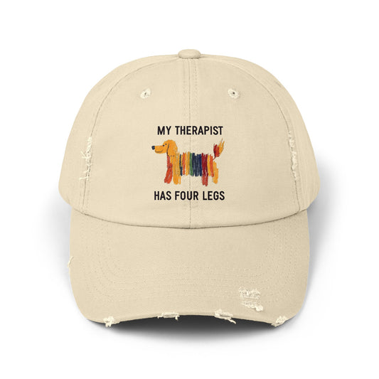 Unisex Distressed Cap: My Therapist Has Four Legs Hat