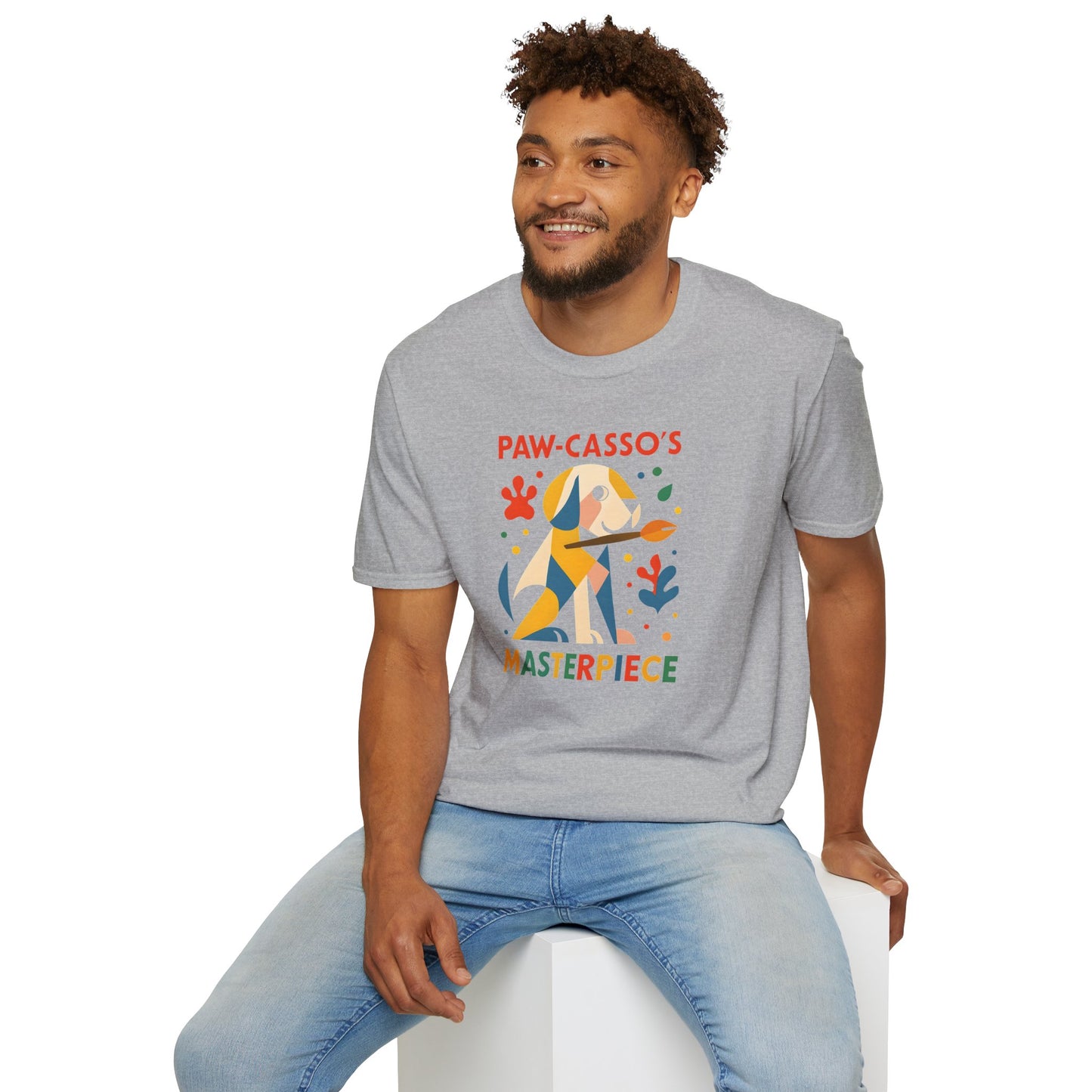 Whimsical Dog Art Unisex Softstyle T-Shirt, Pet Lover's Gift, Casual Wear, Art Enthusiast Apparel, Dog-themed Tee, Unique Birthday Gift