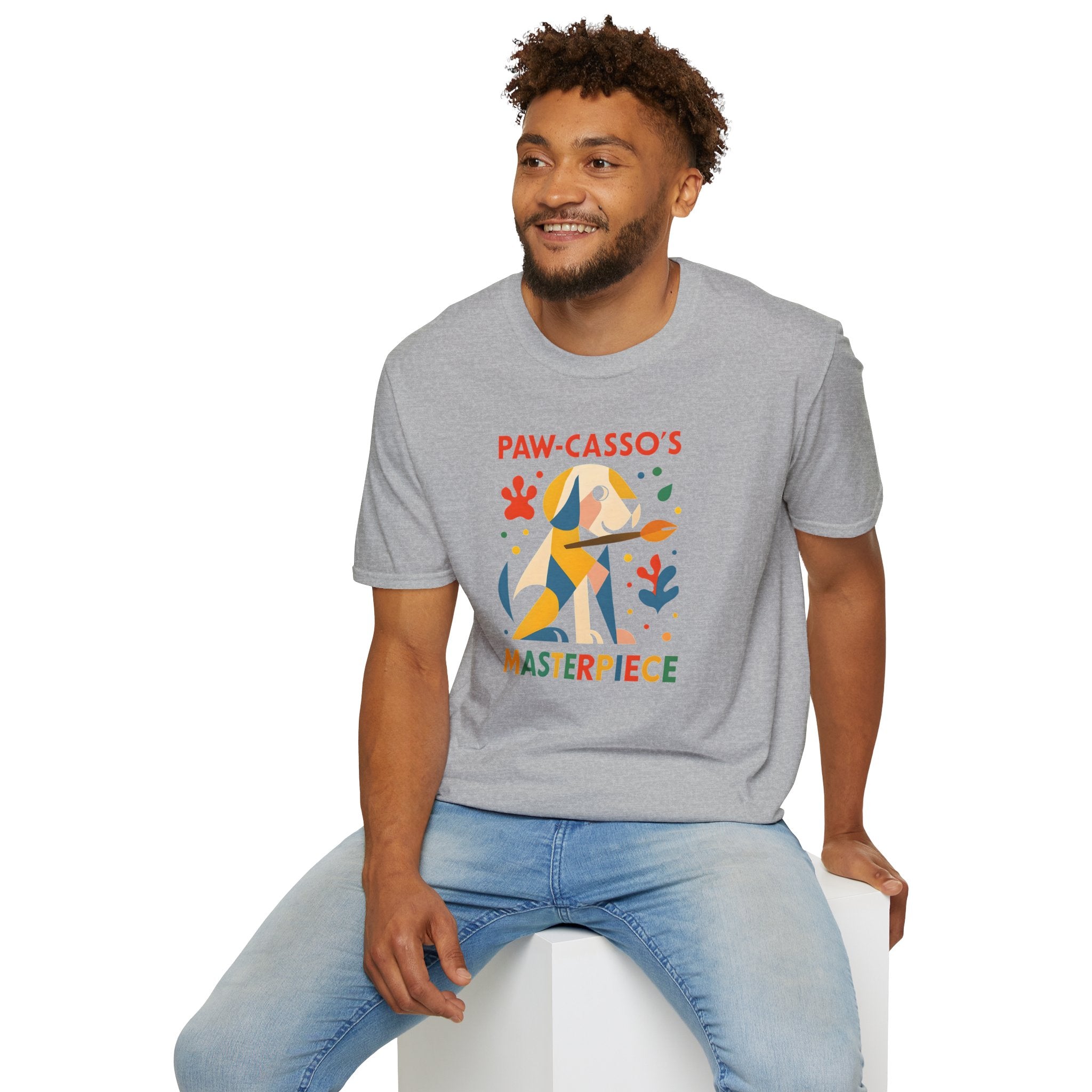 Whimsical Dog Art Unisex Softstyle T-Shirt, Pet Lover's Gift, Casual Wear, Art Enthusiast Apparel, Dog-themed Tee, Unique Birthday Gift