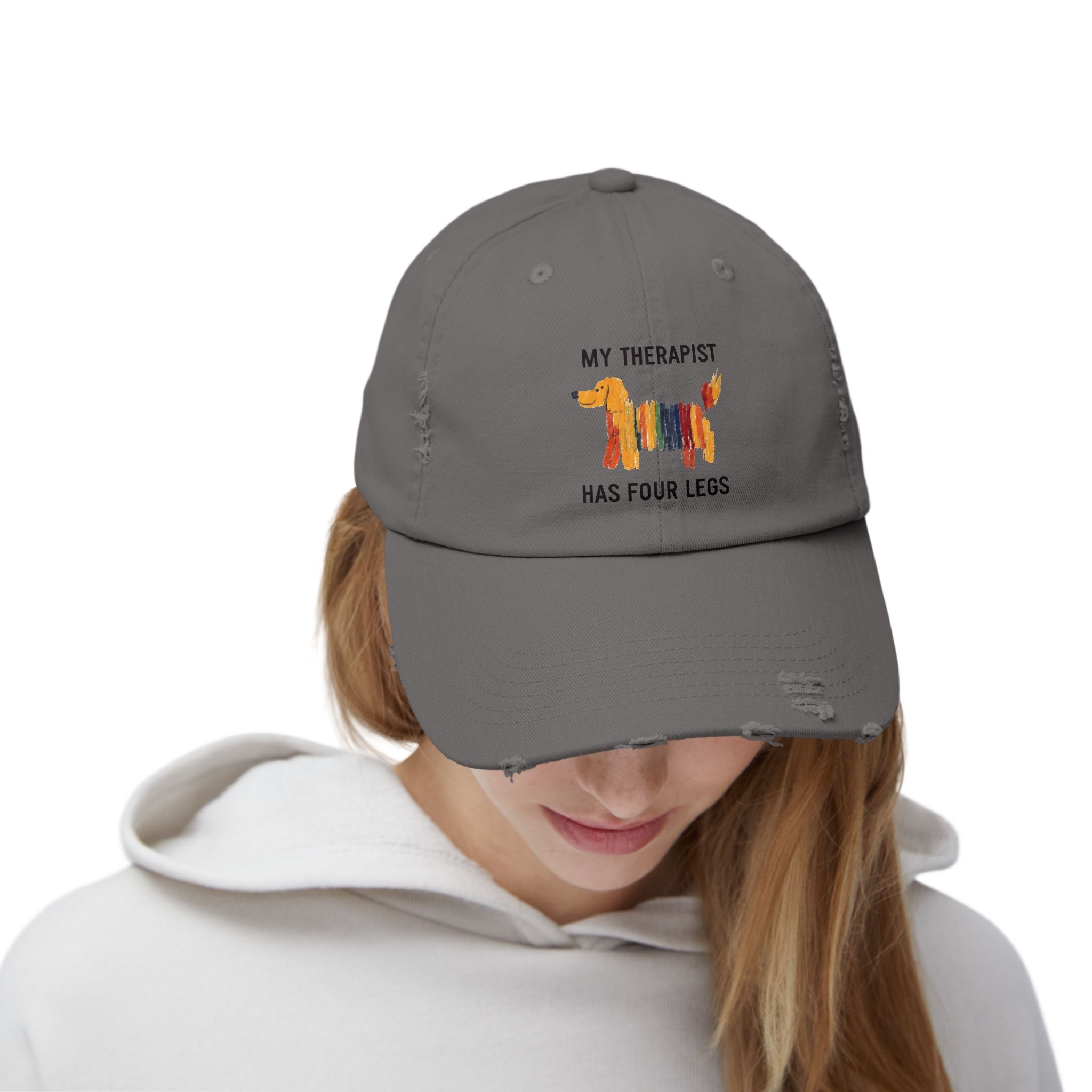 Unisex Distressed Cap: My Therapist Has Four Legs Hat