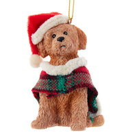 Brown Labradoodle With Plaid Coat and Santa Hat Ornament