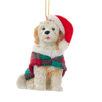 Goldendoodle With Plaid Coat and Santa Hat Ornament